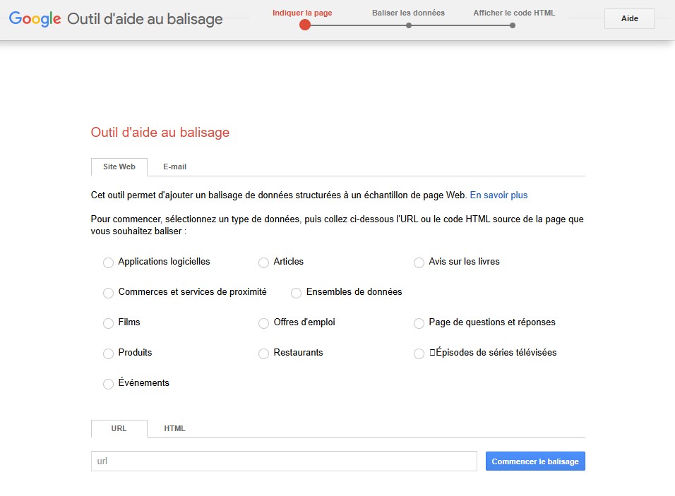 Outil d'aide au balisage Google pour les données structurées